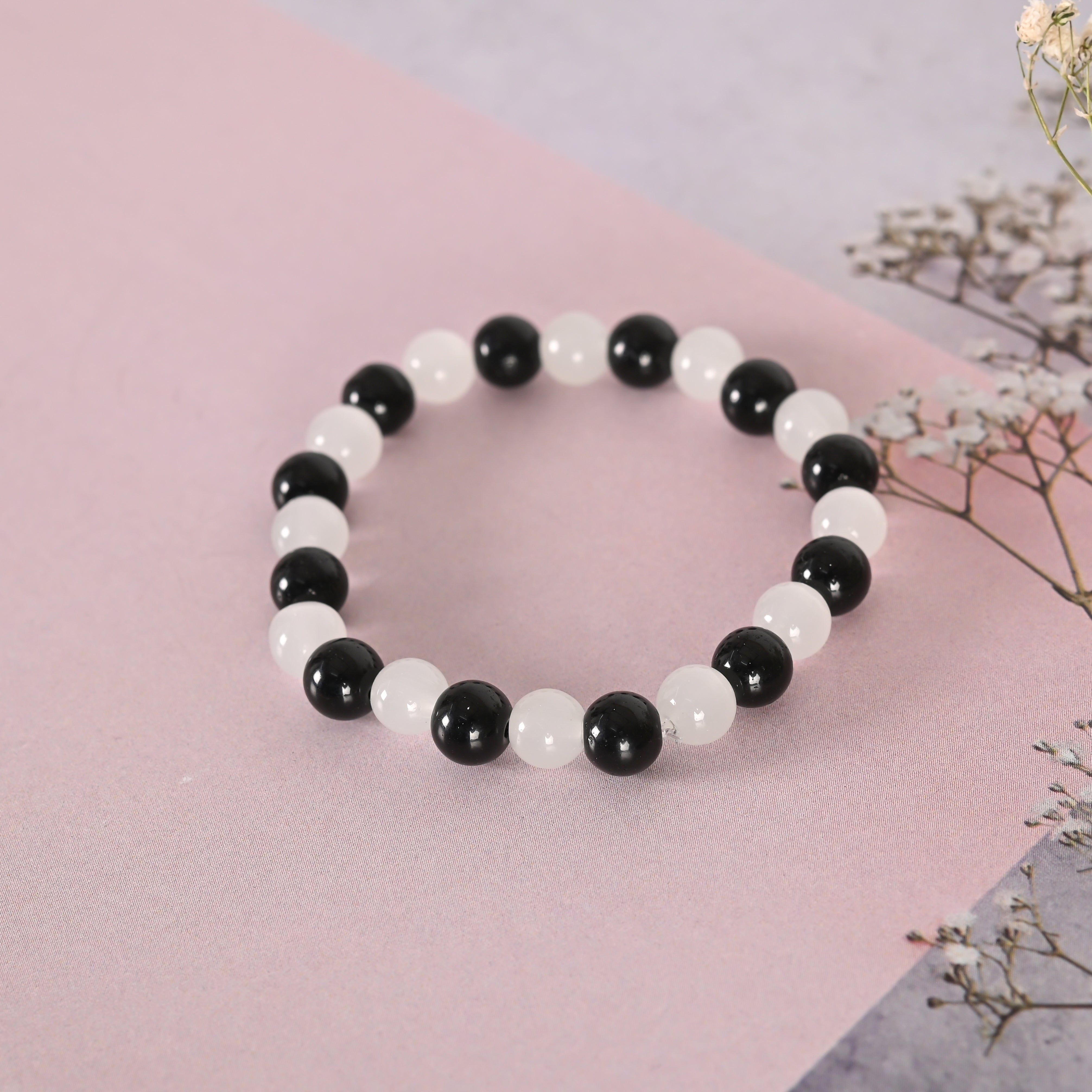 Unisex White & Black Marbel Crystal Elasticated Bracelet - NVR