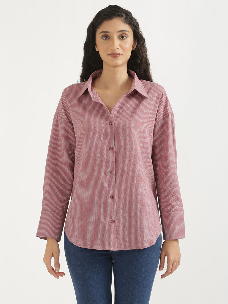 Women's Airy Linen Textured Casual Oversize Mauve Shirt