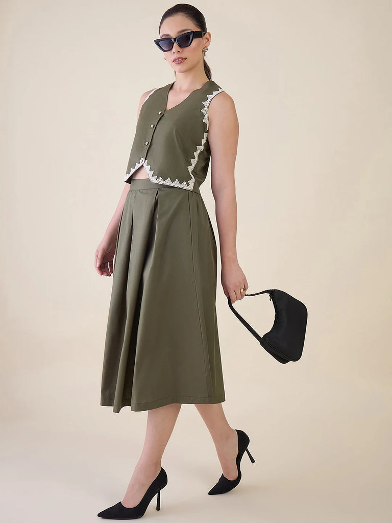 Women's Olive Green Vest & Skirt Co-ord Set