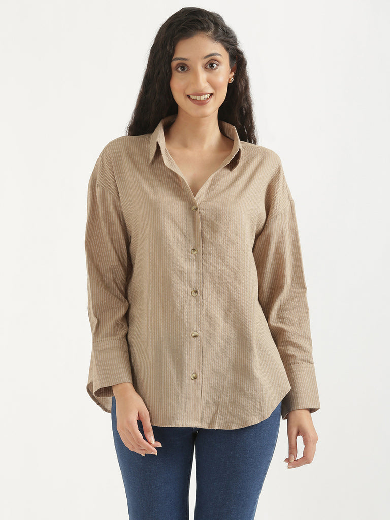 Women's Airy Linen Textured Casual Oversize Nude Brown Shirt