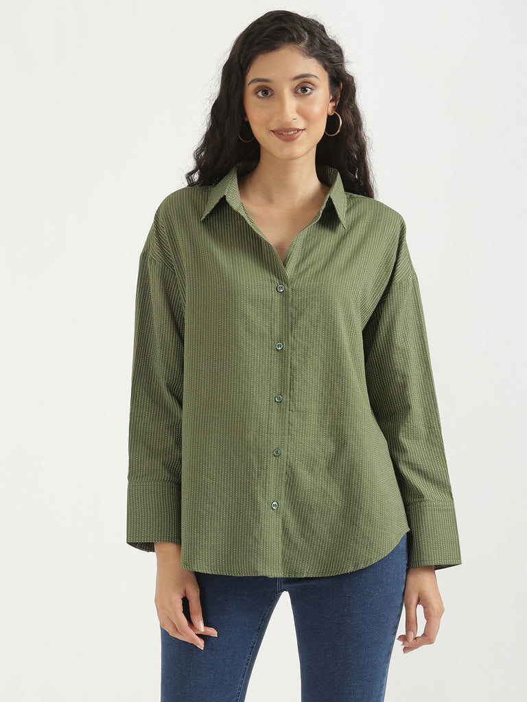Women's Airy Linen Textured Casual Oversize Olive Shirt