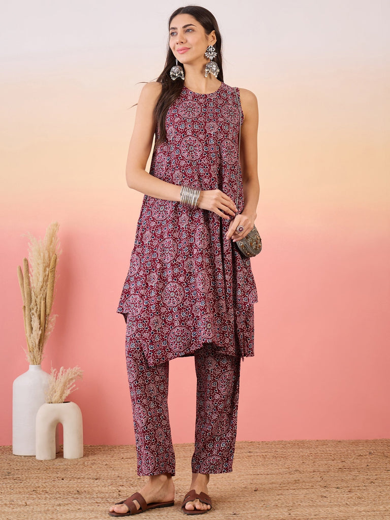 Women's Maroon Navy Ajrakh Foil Round Neck Kurta Pant Set