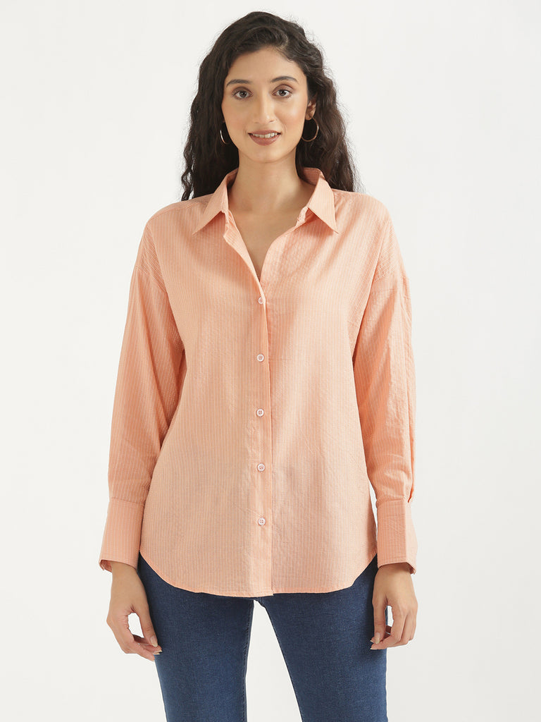 Women's Airy Linen Textured Casual Oversize Peach Shirt