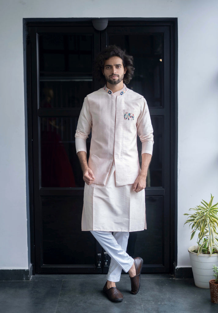 Men's Peach Color Jacket With Kurta Pant Set