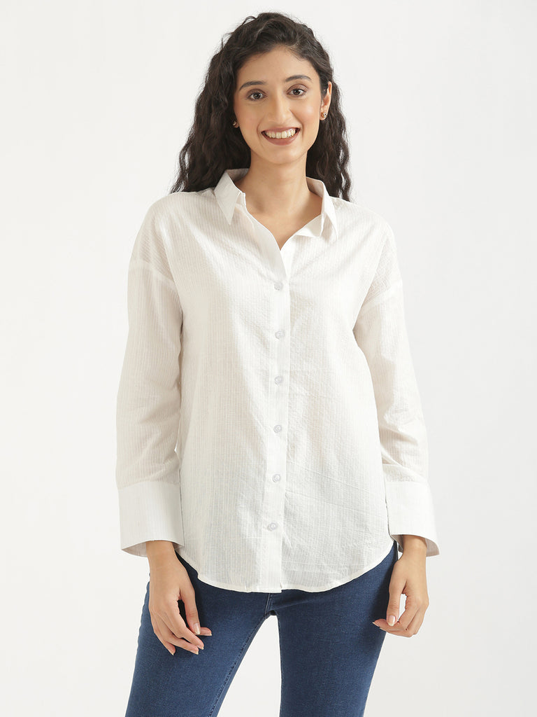 Women's Airy Linen Textured Casual Oversize White Shirt