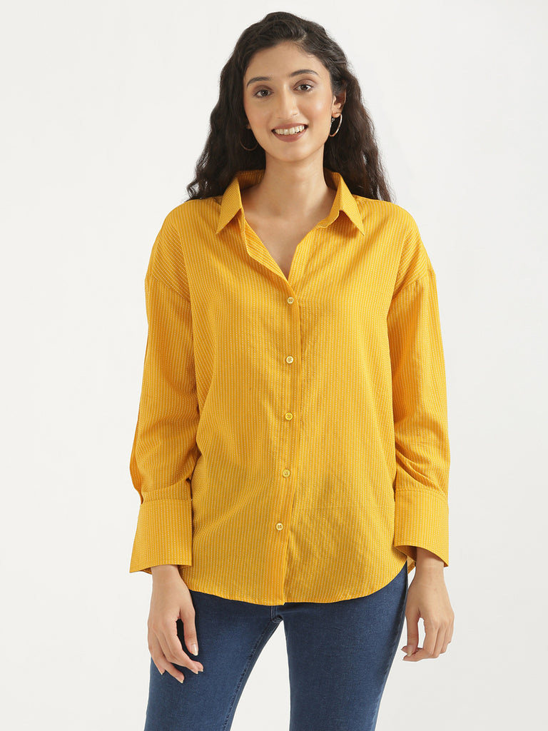Women's Airy Linen Textured Casual Oversize Yellow Shirt