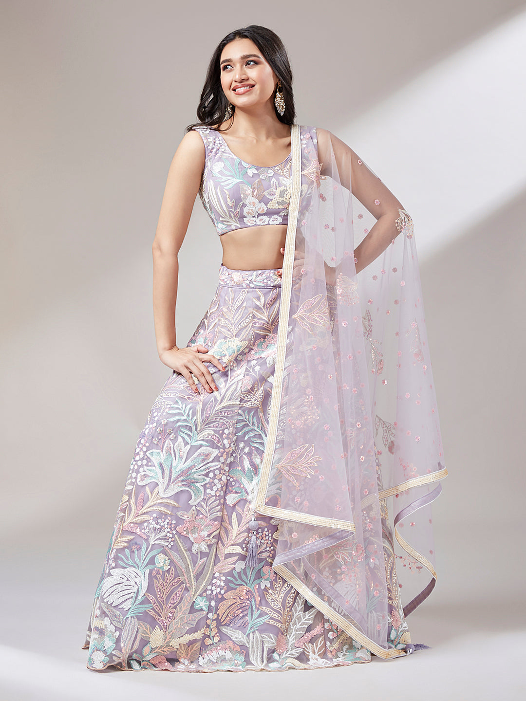 Women 's Muave Net Sequinse Work Ready to Wear Lehenga & stitched Blouse with Dupatta - Royal Dwells