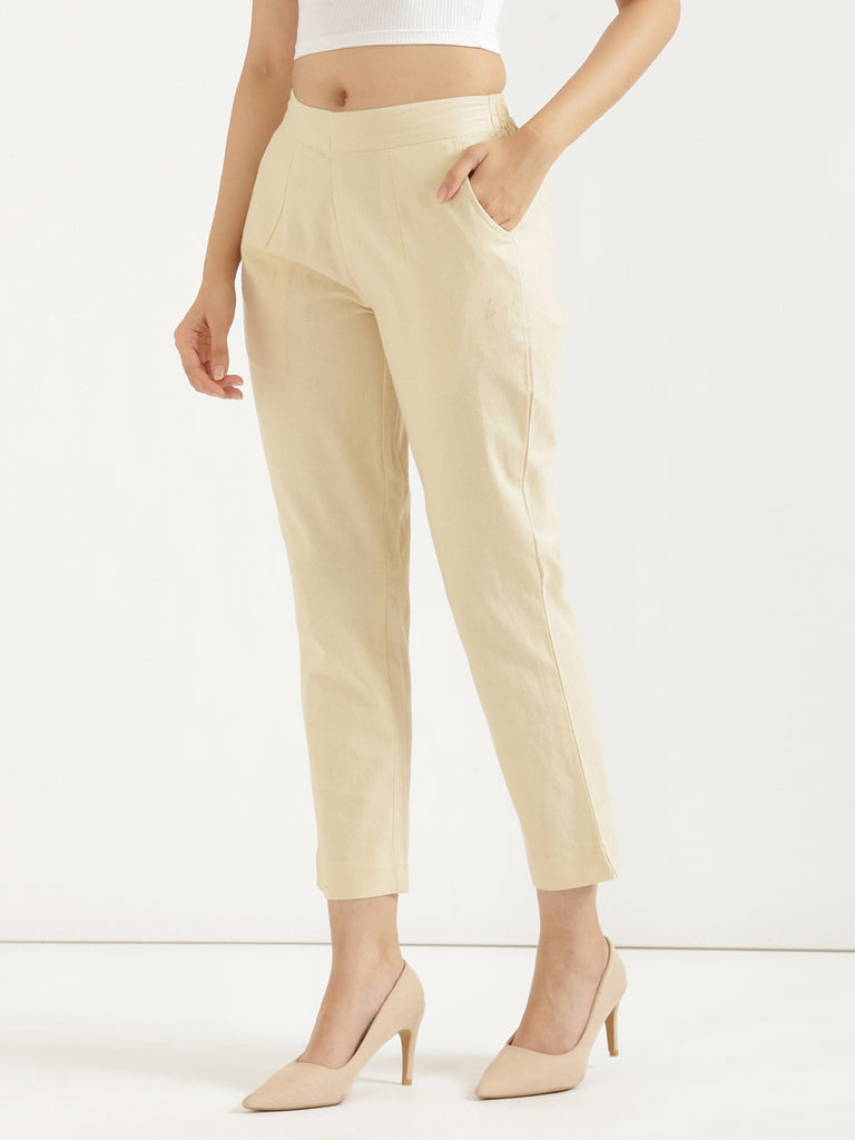 Women's 100% Cotton Everyday Wear Cotton Beige Trouser