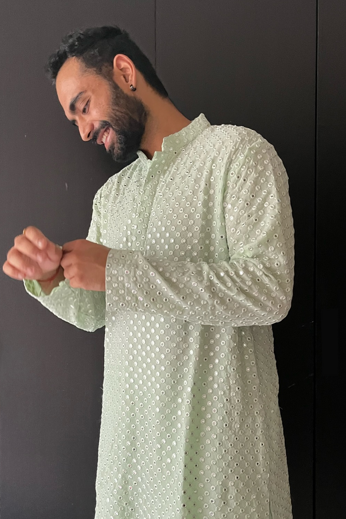 Men's Pista Green Color Pista Green Mirror Kurta