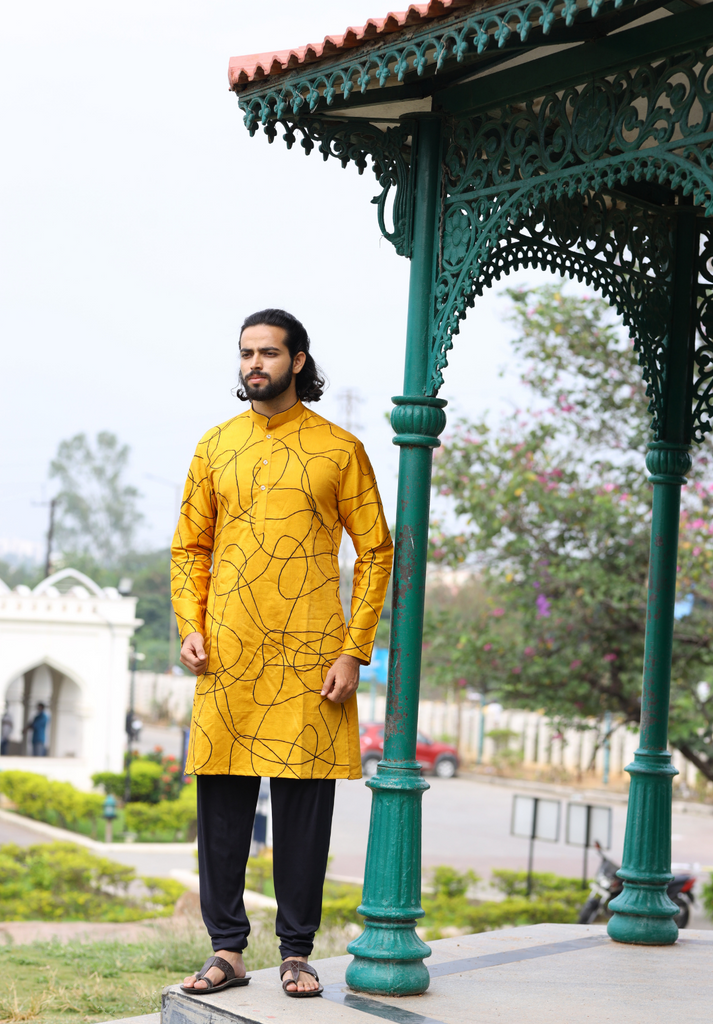 Men's Yellow Color Niran Yellow Abstract Embroidered Kurta Cotton