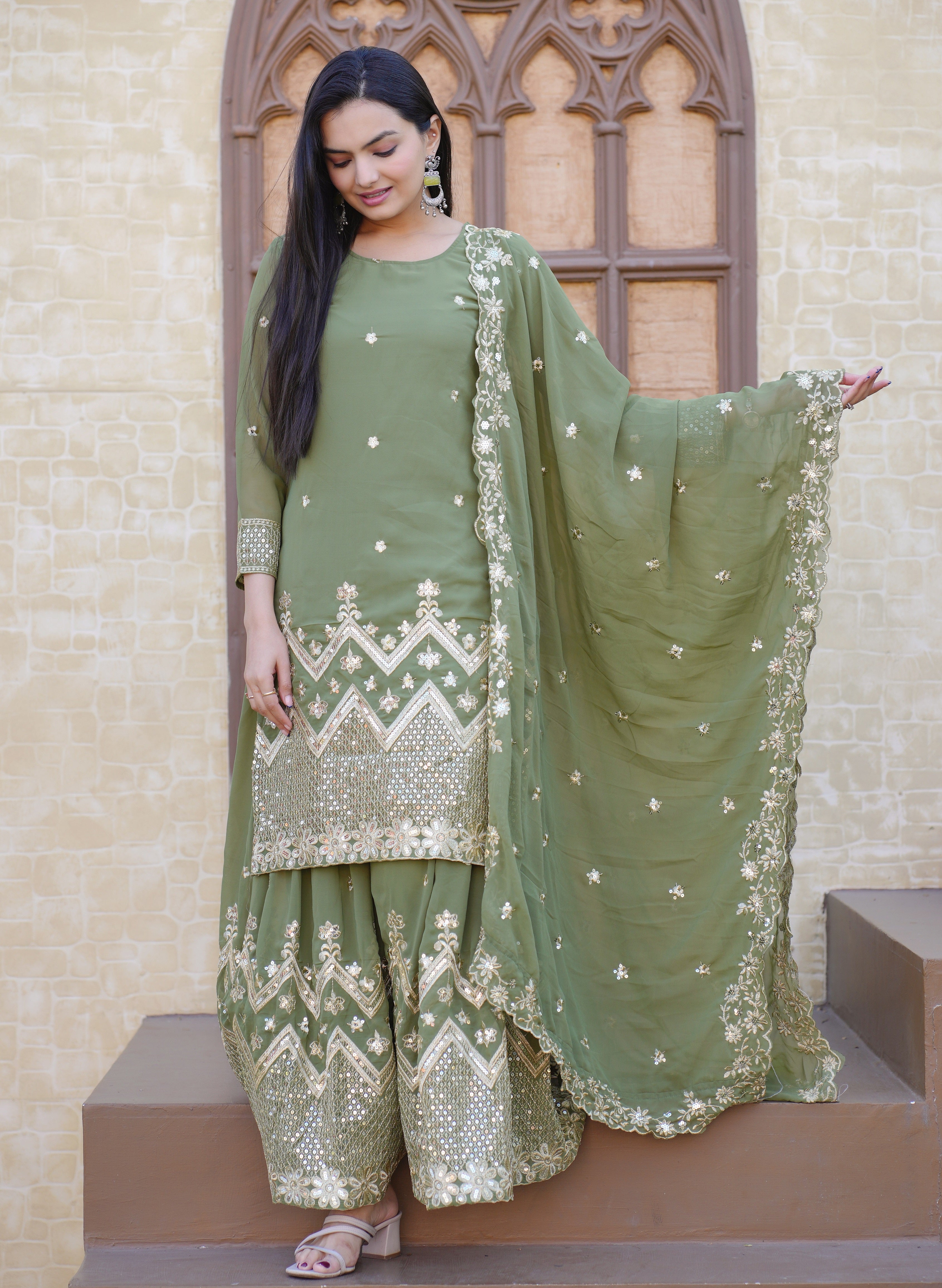 Women's Pista Georgette Embroidery Sharara Set - Harvi Trendz