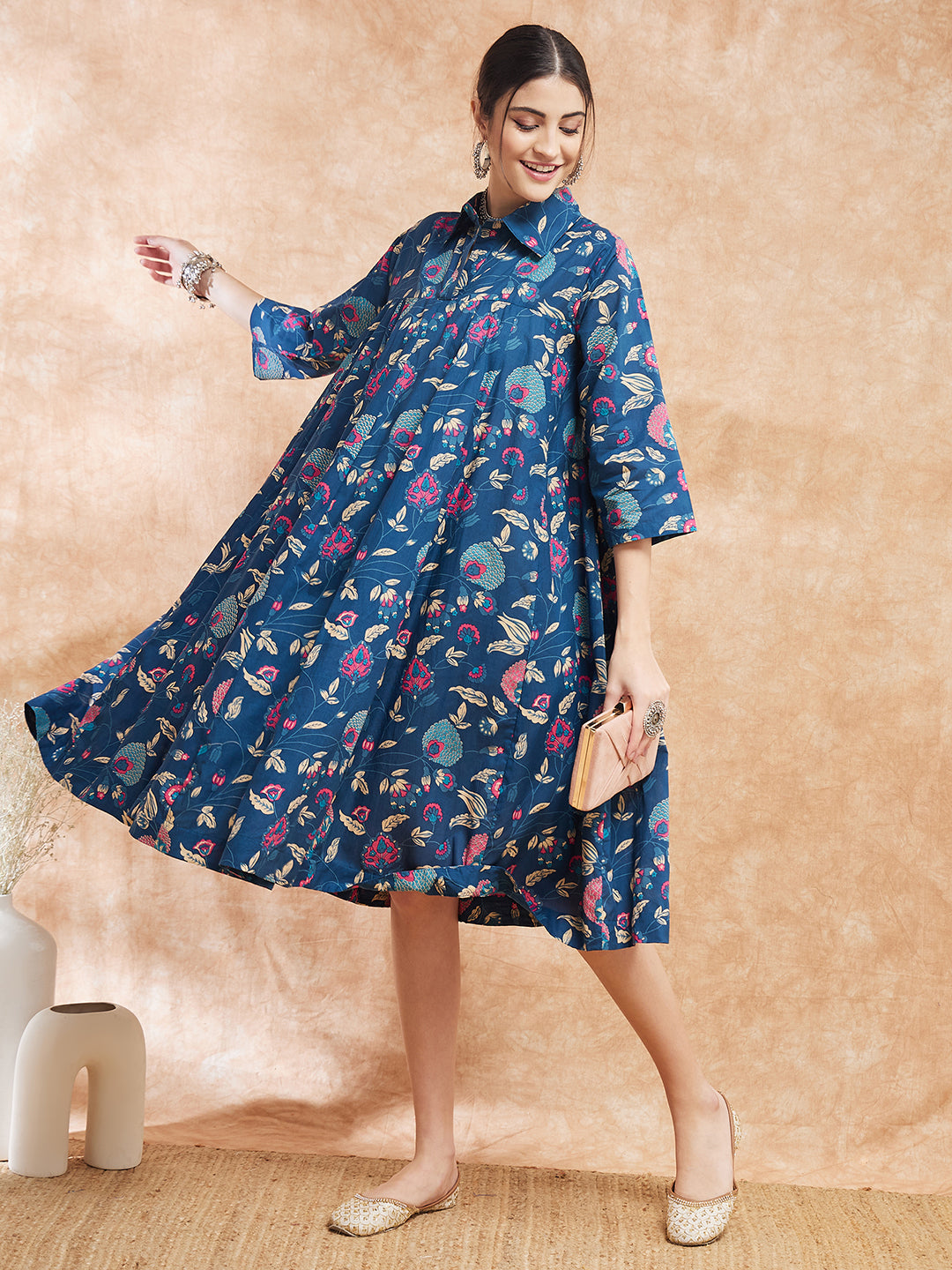 Women's Blue Pink Kalamkari Flared Dress