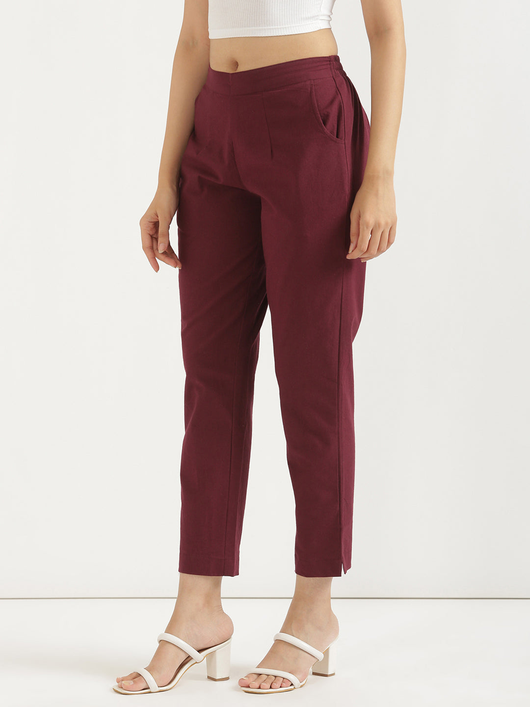 Women's 100% Cotton Everyday Wear Cotton Maroon Trouser