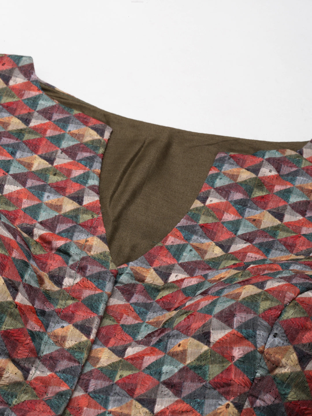 Women's Olive-Toned Cotton Silk Thread Work Harlequin Print Readymade Blouse - Royal Dwells