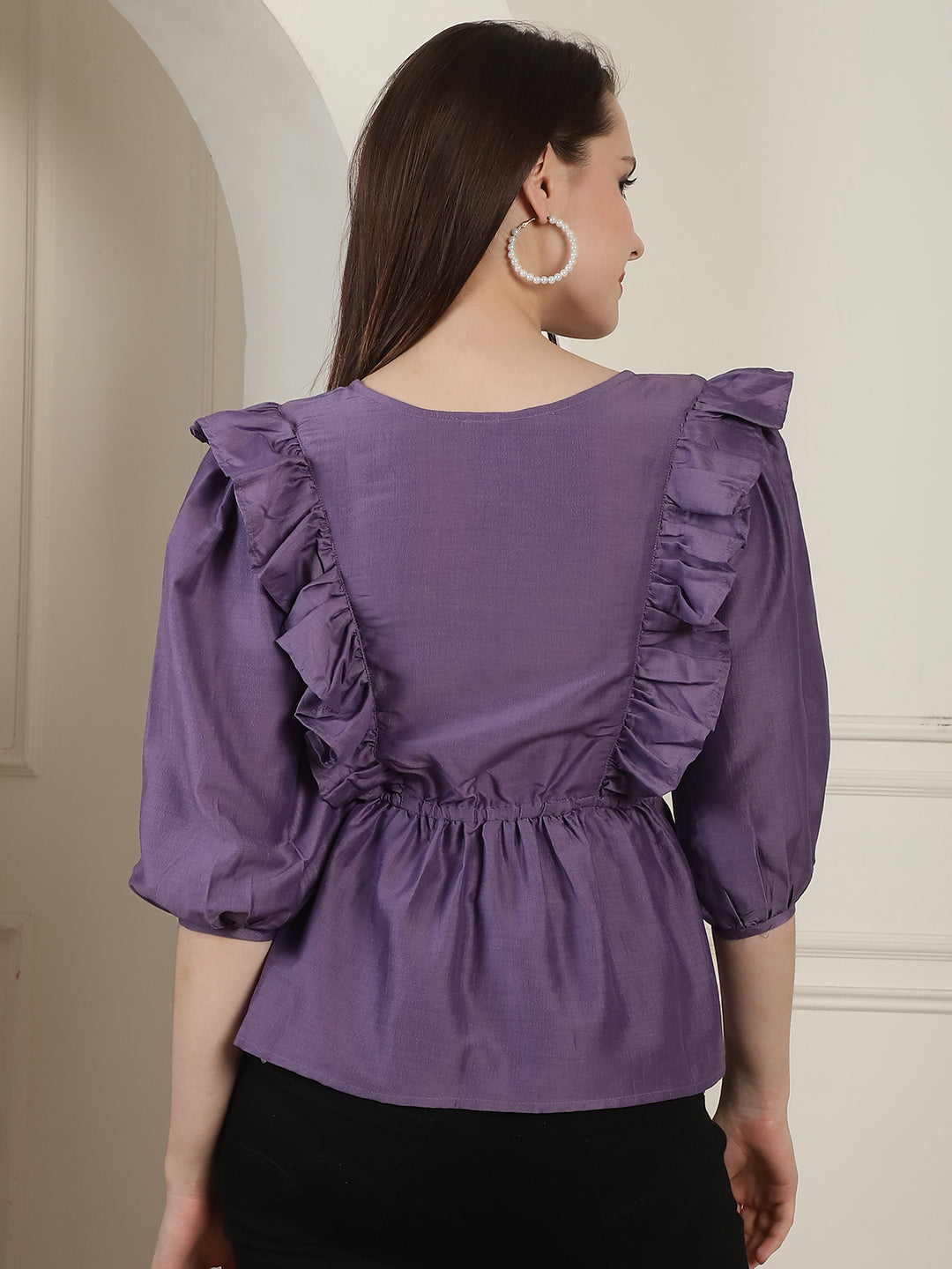 Women's Purple Solid Women's Top With Frills - Taantav