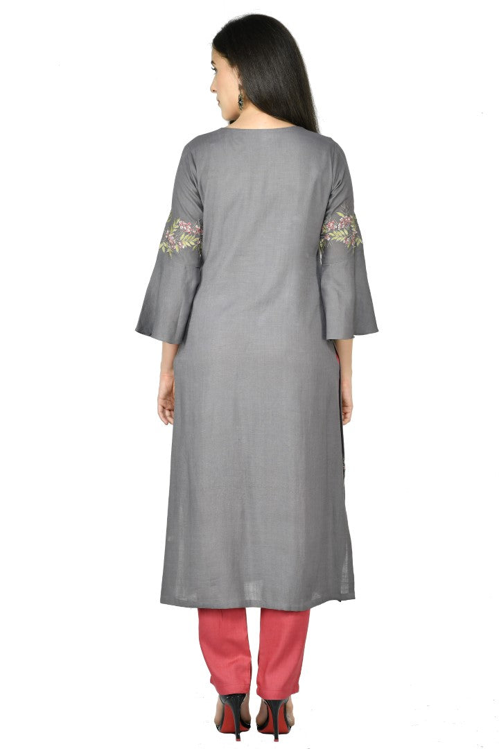 Women's Grey Cotton Rayon Embroidery Kurta Set - Joban Fashion