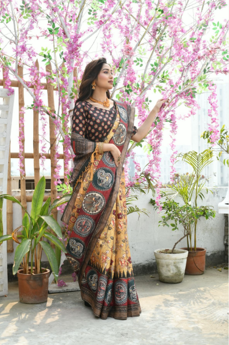 Women's Yellow Printed Cotton Silk Saree with Tassels - Vishnu Weaves