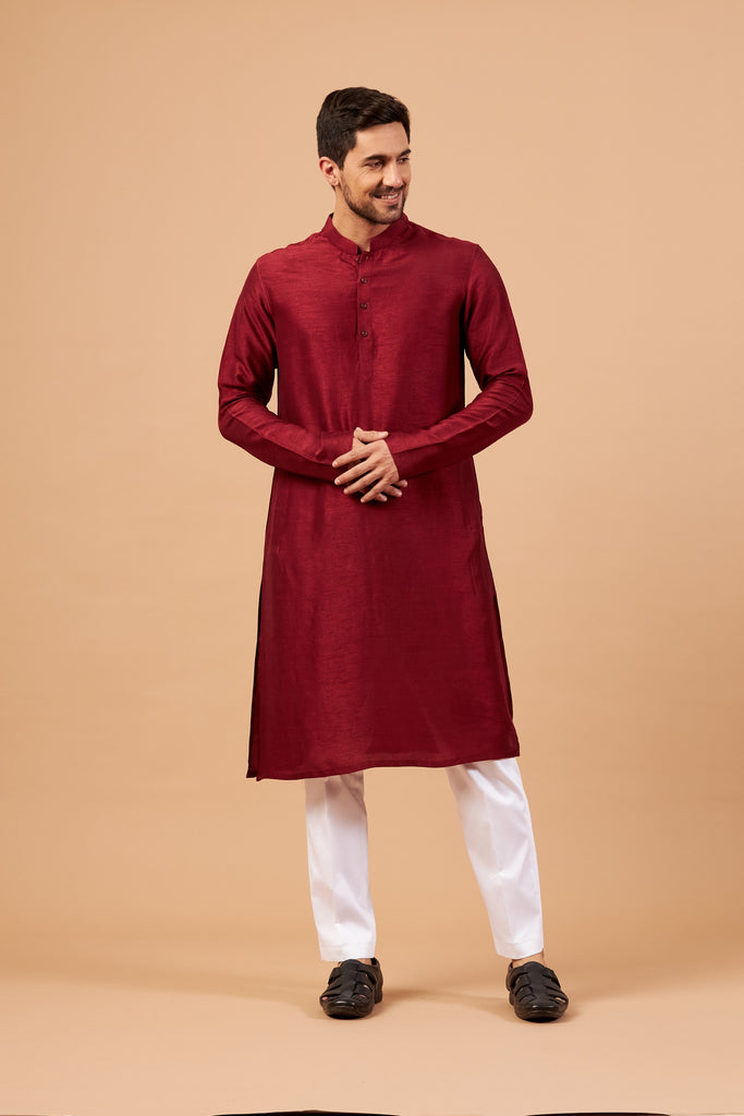 Men's Maroon Color Plain Kurta Falling Raw Silk