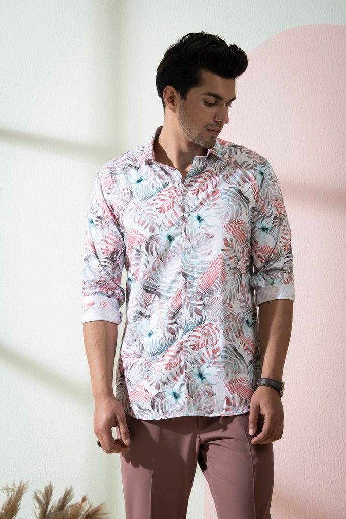 Men's White Color Tropical Full Sleeves Shirt
