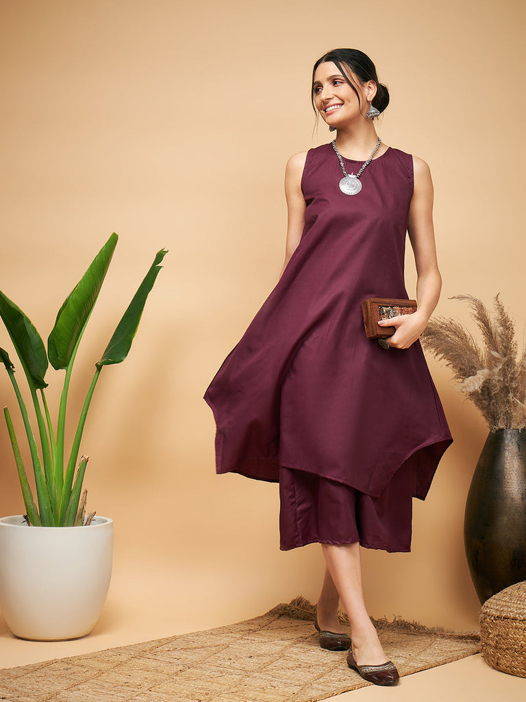 Women's Wine Solid Short Kurta Palazzo Set