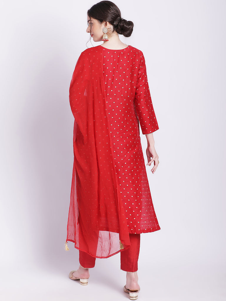 Women's Ethnic Maroon Banarasi Straight Kurti With Straight Pants And Mokaish Dupatta