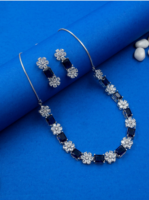 Women's Minimalist American Diamond Necklace Set with Push-Back Earrings