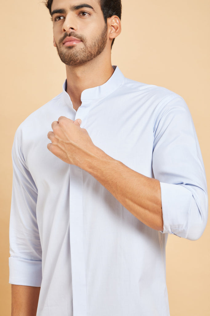 Men's Sky Blue Color Skii Chinese Collar Shirt Full Sleeves Casual Shirt