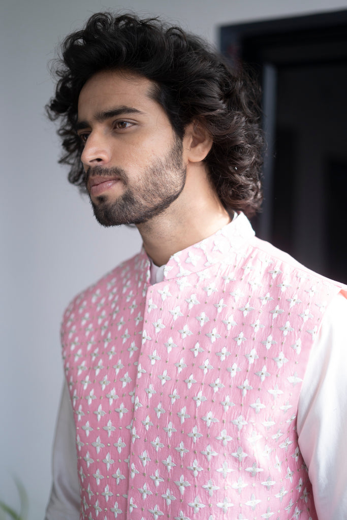 Men's Pink Color Jacket With Kurta Pant Set