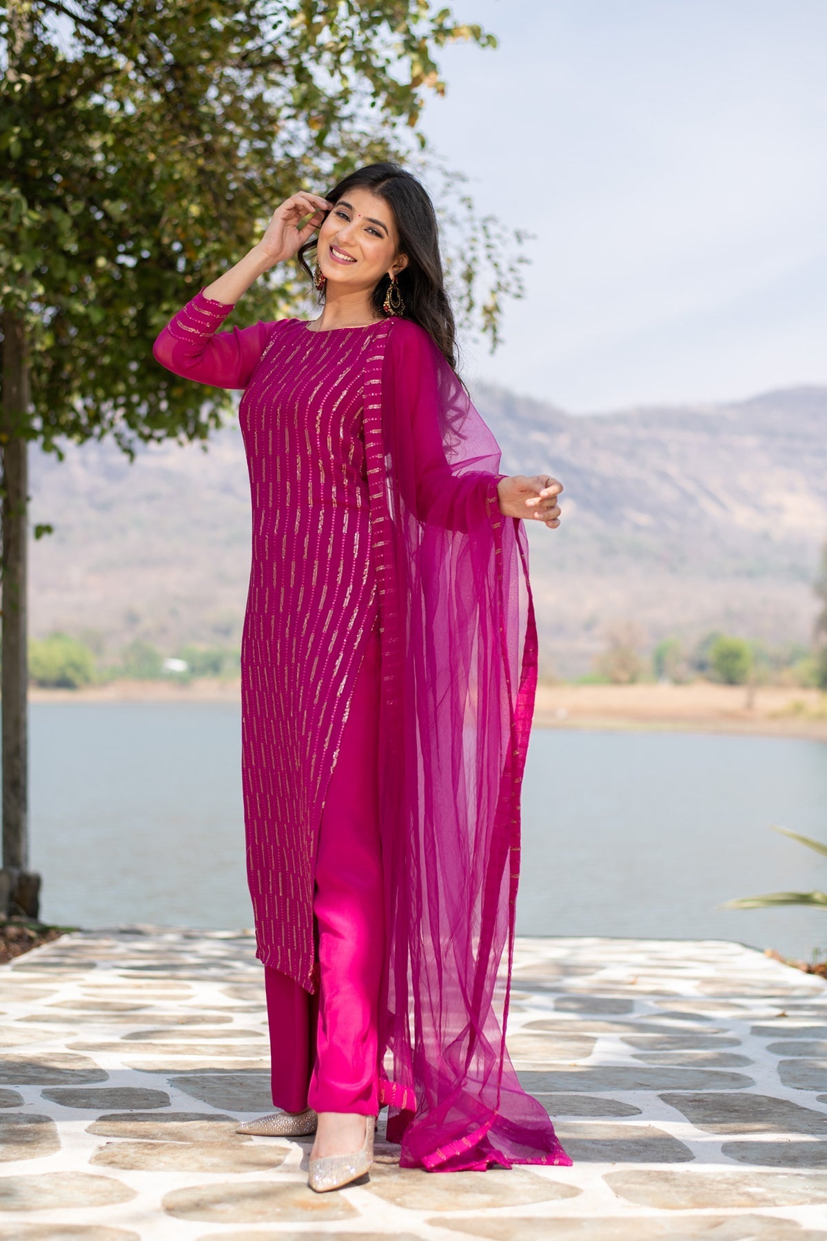 Women's Rani Pink Heavy Kurta With Pallazo
