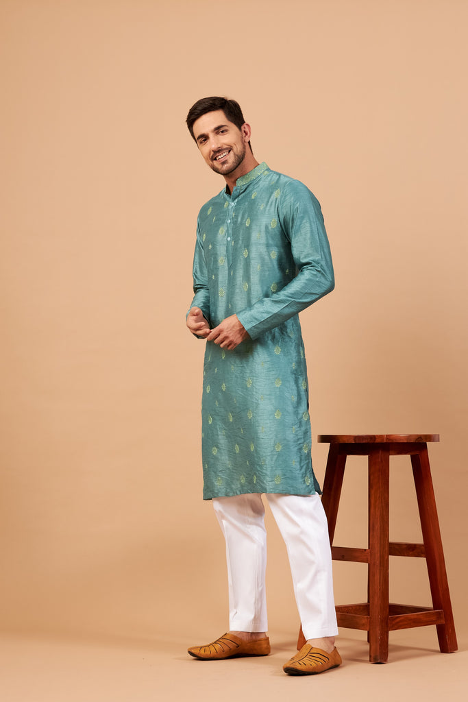 Men's Teal Color Two Motif Embroidered Kurta Semi Raw Silk Mix