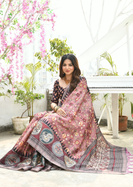 Women's Pink Printed Cotton Silk Saree with Tassels - Vishnu Weaves
