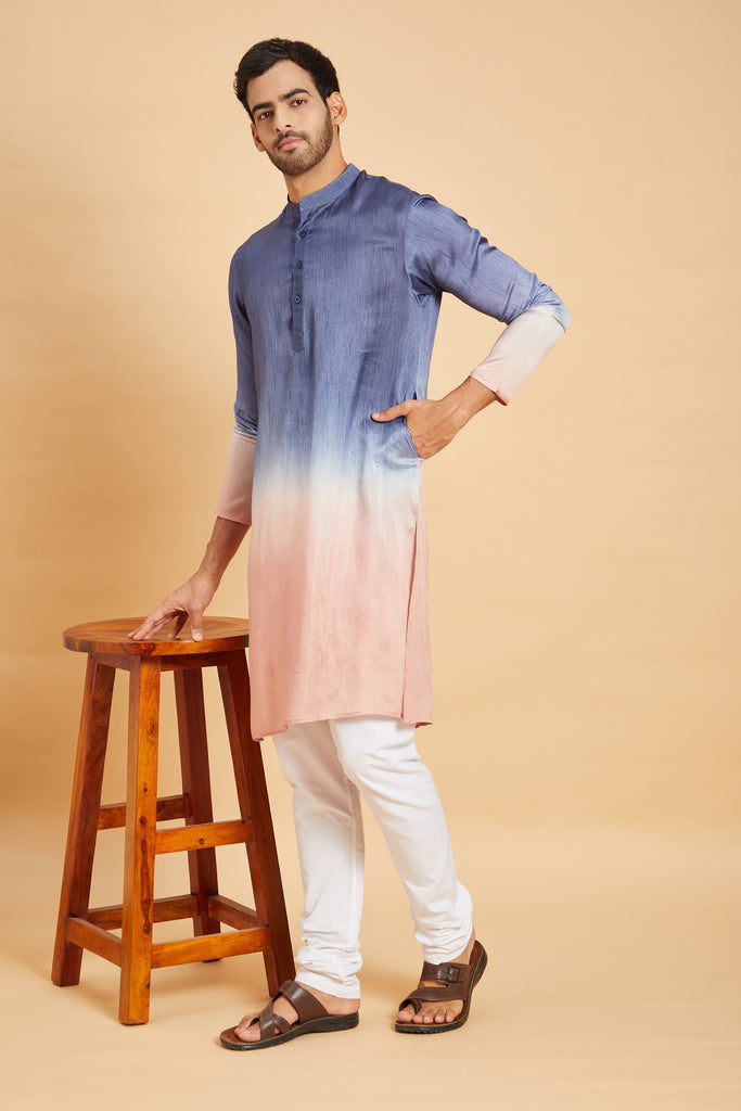 Men's Blue Color Waikawa Ombre Kurta Without Slit Silk