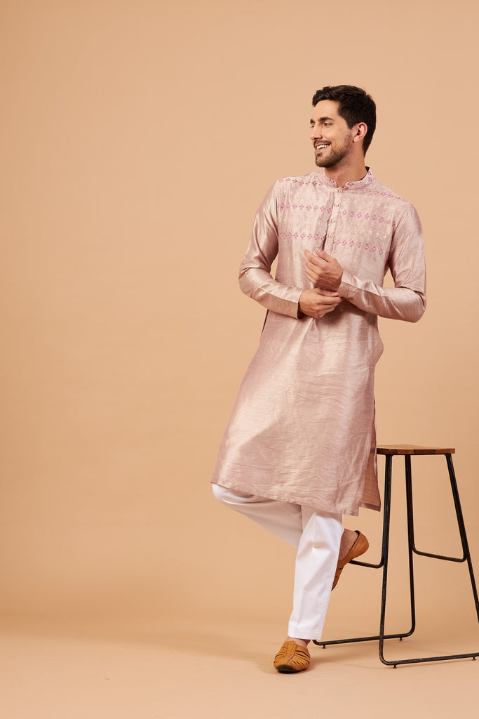 Men's Beige Brown Color Florne Floral Geometric Embroidered Kurta Semi Raw Silk Mix