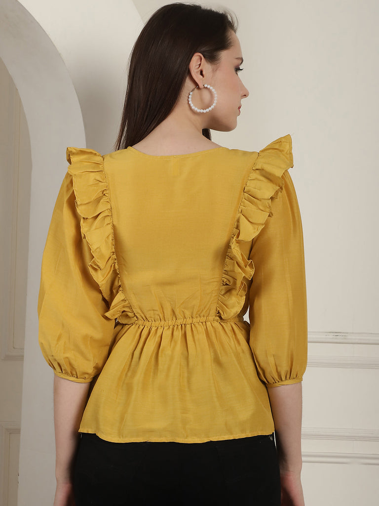 Women's Black Solid Women's Top With Frills