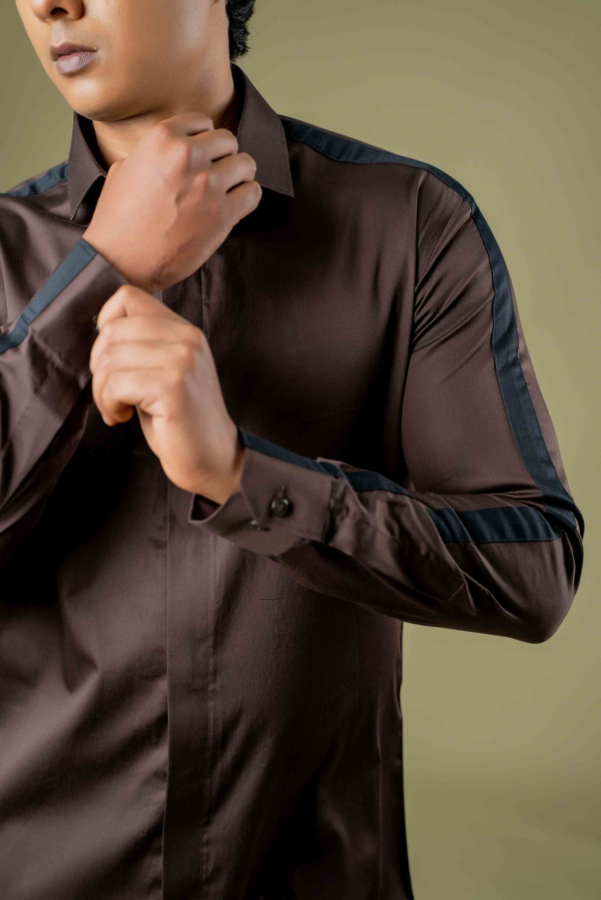 Men's Brown & Black Color Sleeve Strop Shirt Full Sleeves Casual Shirt - Hilo Design