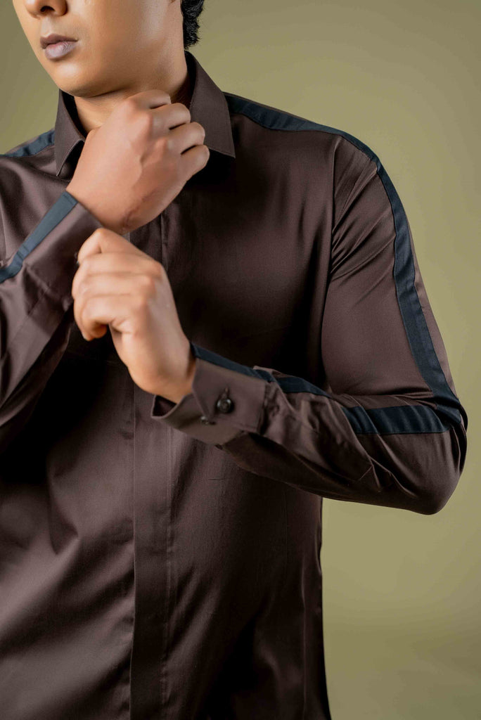 Men's Brown & Black Color Sleeve Strop Shirt Full Sleeves Casual Shirt