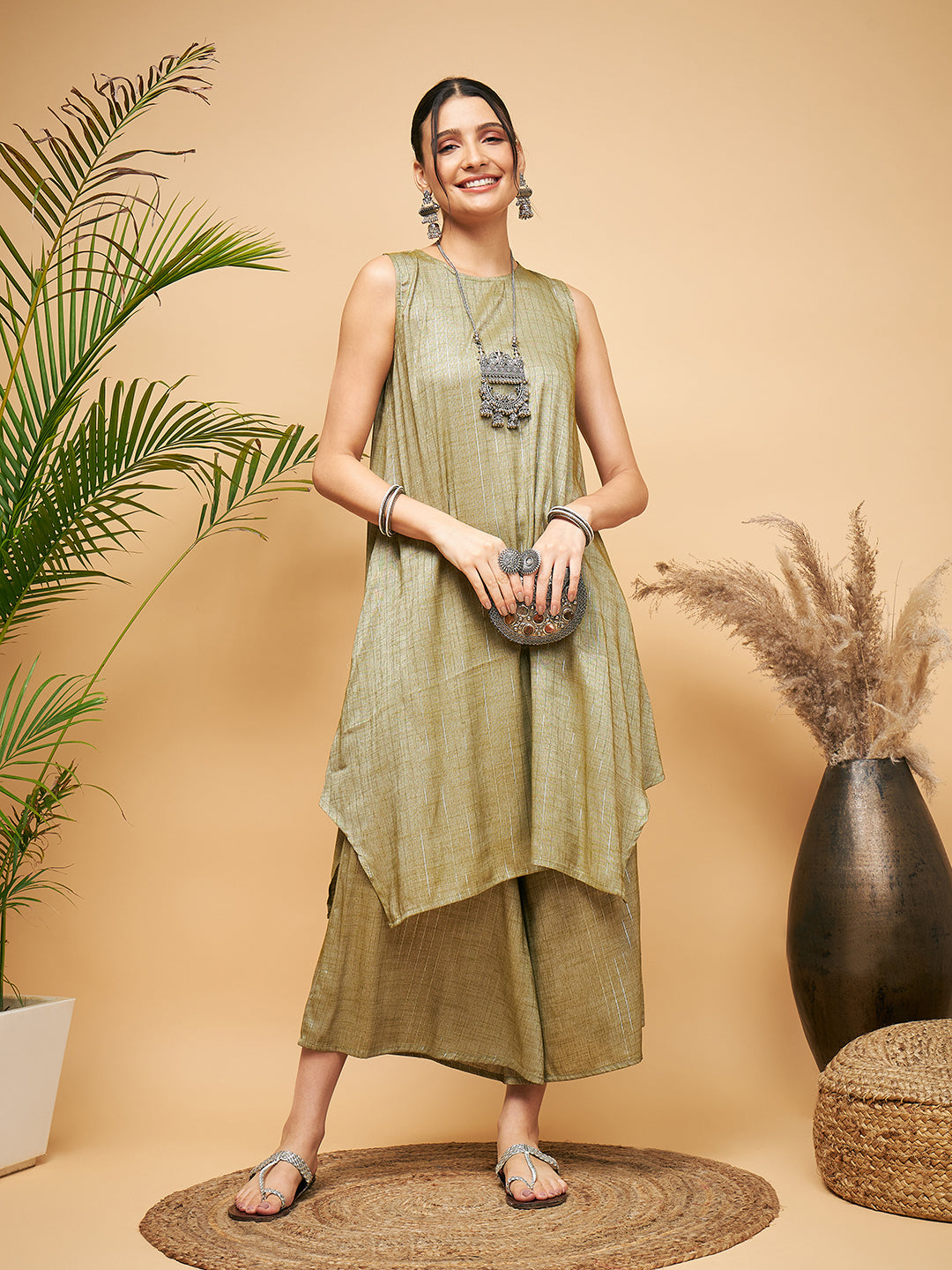 Women's Olive Lurex Short Pallazo Kurta Set - InWeave