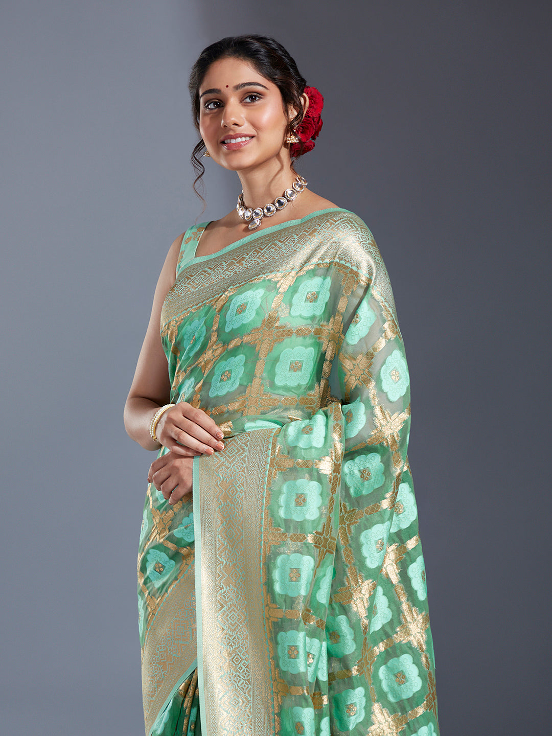 Women's Turquoise Blue & Gold Satin Paisley Zari With Beautiful Ethnic Motifs Banarasi Saree - Royal Dwells