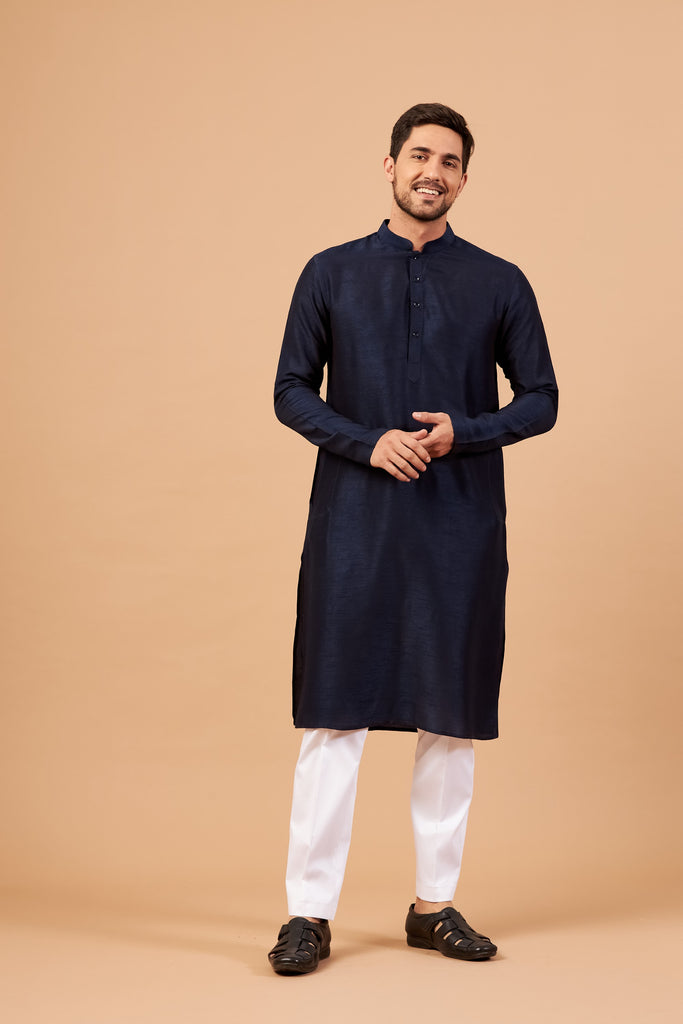 Men's Dark Blue Color Plain Kurta Falling Raw Silk
