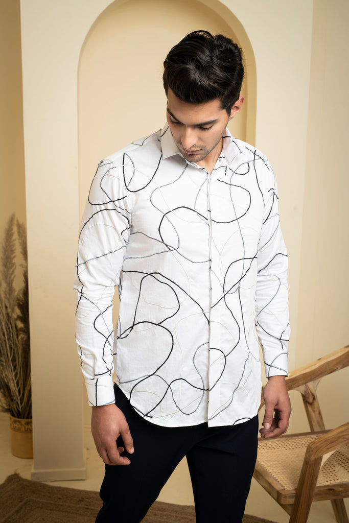 Men's White Color Seiche Designer Abstract White Shirt Full Sleeves Casual Shirt