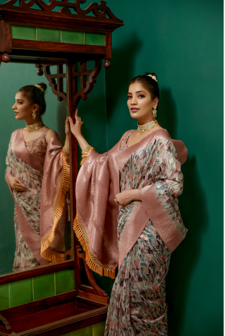 Women's Peach Printed Woven cotton organza Saree with Tassels - Vishnu Weaves