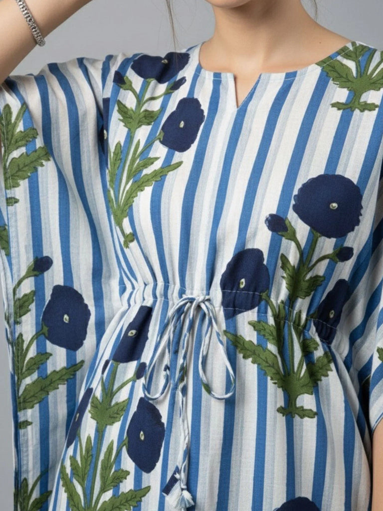 Women's Blue Floral Kaftan Night-Suit Set