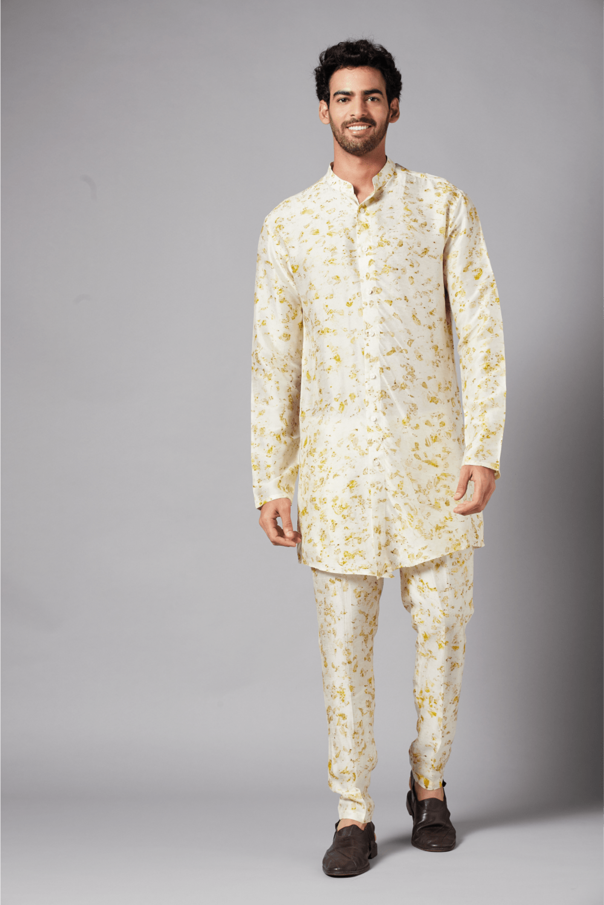 Men's Mighty Natural Dye Kurta With Crop Pants Coord Set (Marigold Dried Flowers) - Hilo Design