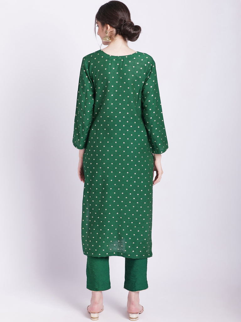Women's Ethnic Green Banarasi Straight Kurti With Straight Pants