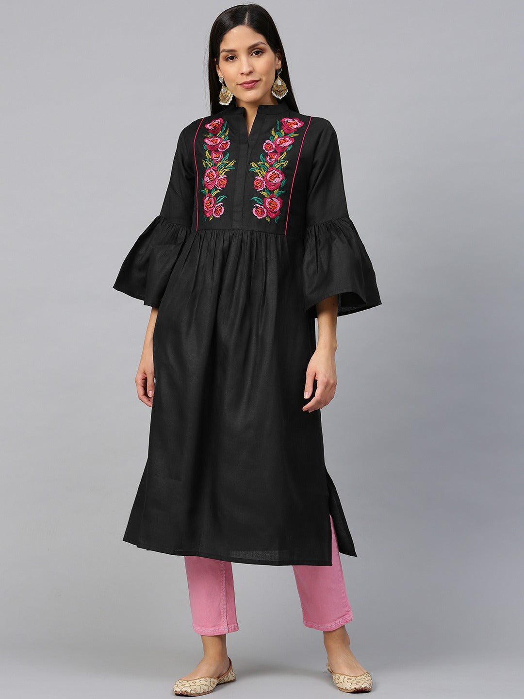 Women's Black & Pink Floral Embroidered Yoke Design Straight Kurta - Bhama Couture