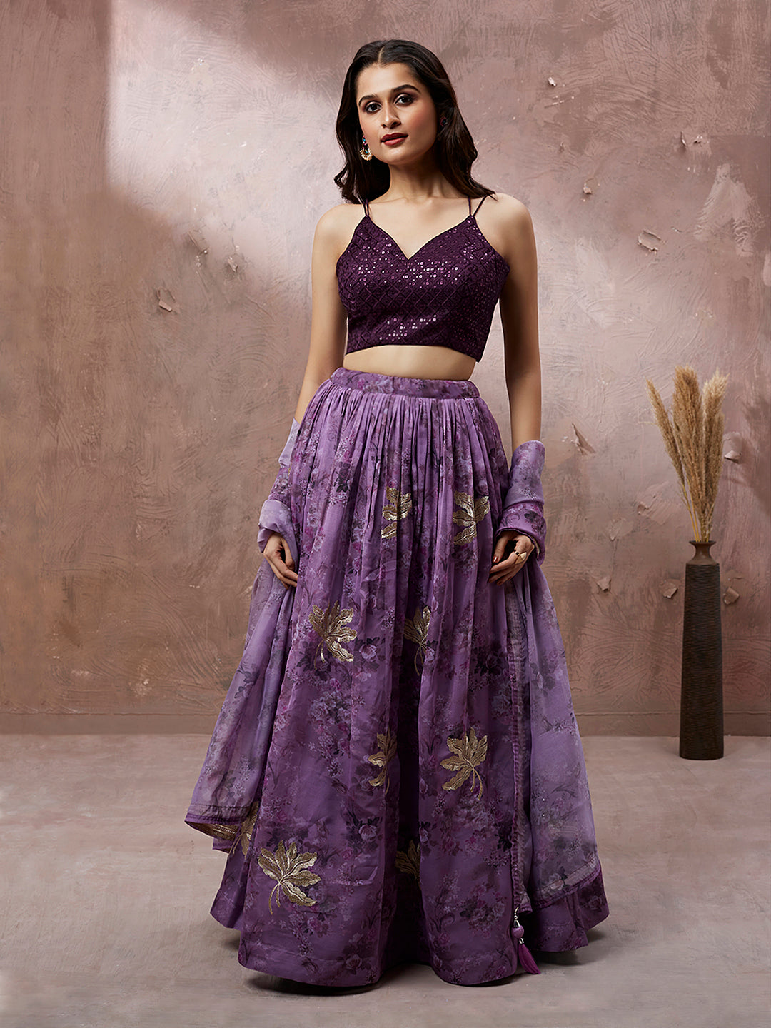 Women's Lavender Organza Floral Printed Semi-Stitched Lehenga Choli & Dupatta - Royal Dwells