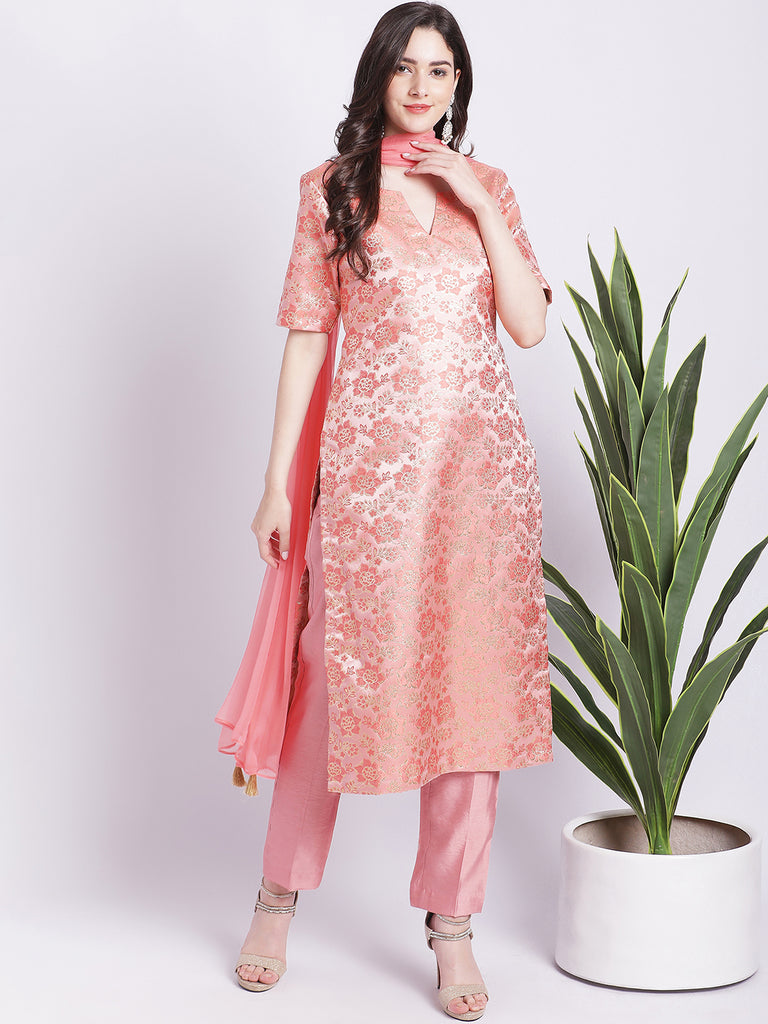 Women's Peach Banarsi Straight Kurti With Pants And Chiffon Dupatta