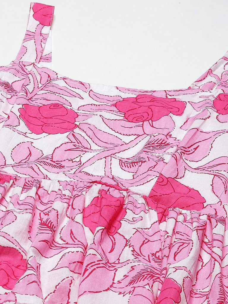 Women's white & Pink Floral Shoulder Strip Long Dress