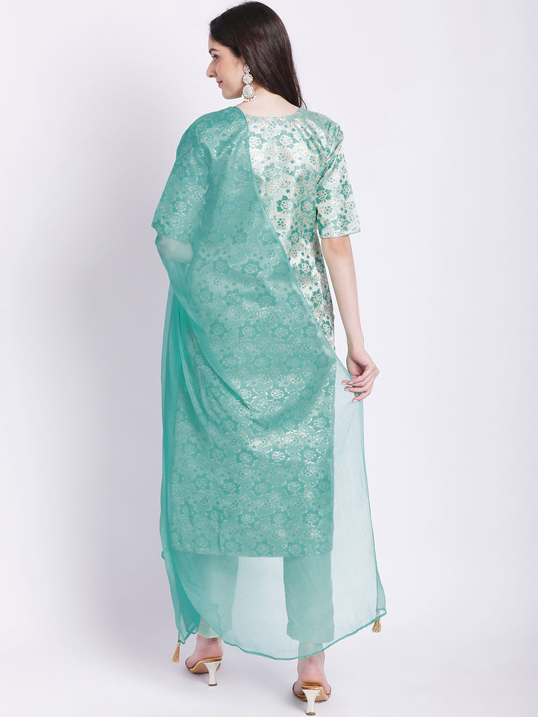 Women's Aqua Green Banarsi Straight Kurti With Pants And Chiffon Dupatta