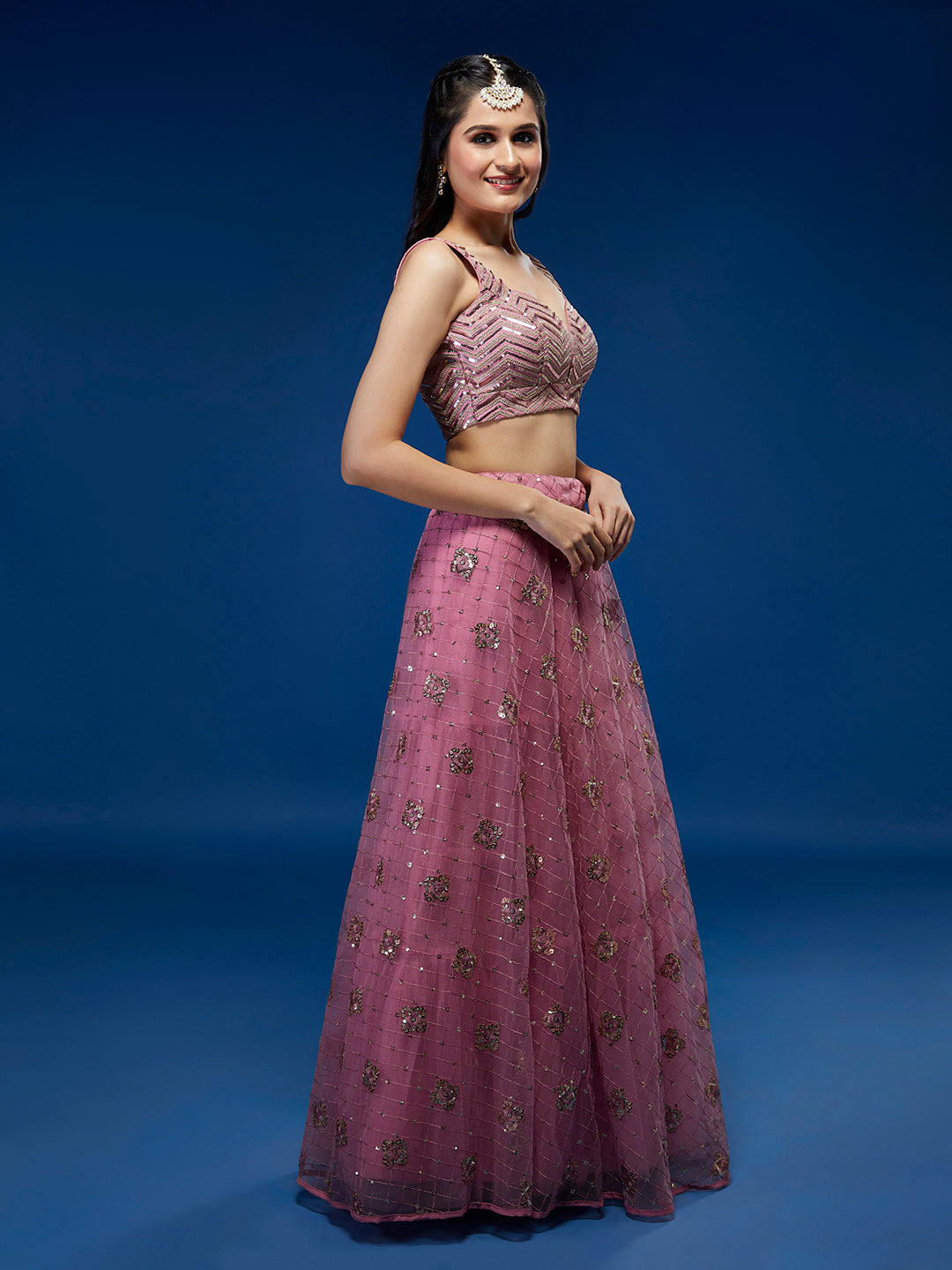 Women's Pink Net Sequinse Embroidered Ready To Wear Lehenga & Blouse With Dupatta-Royal Dwells